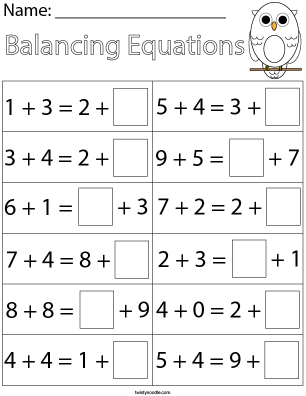 First Grade Balancing Addition Equations Math Worksheet Twisty Noodle